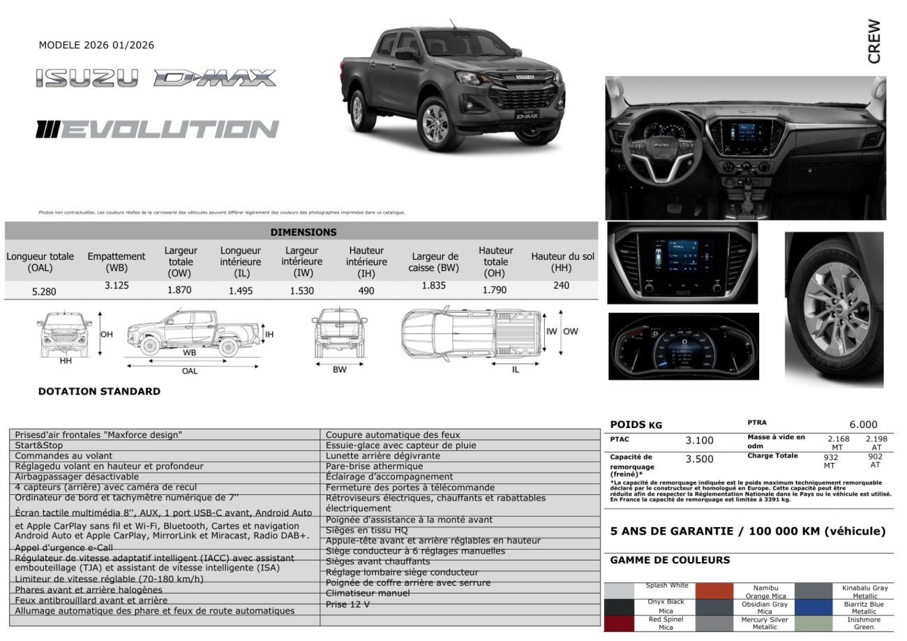 Mandataire ISUZU D-MAX NOUVEAU 2.2L CREW EVOLUTION